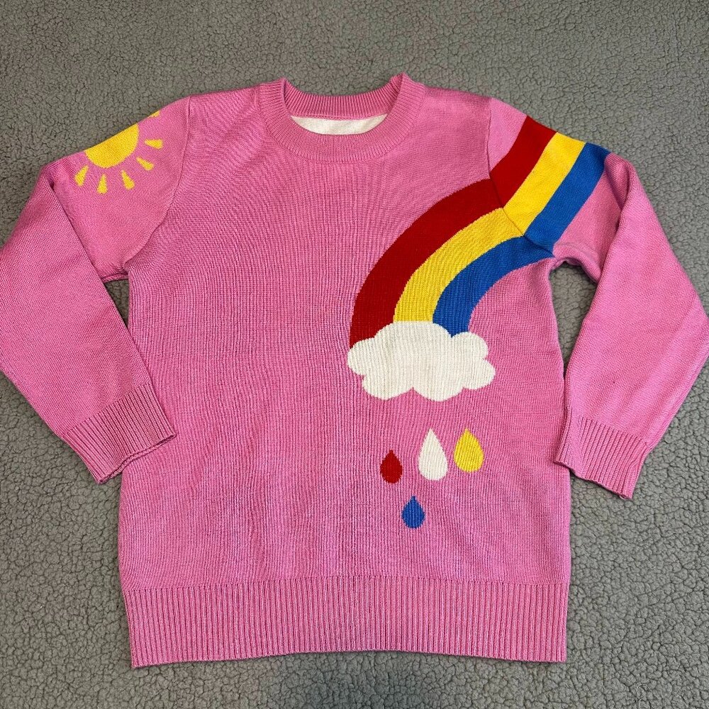 Kids Pink Rainbow Sweater Knit Sun Graphic Pullover Cozy Girls Size 140